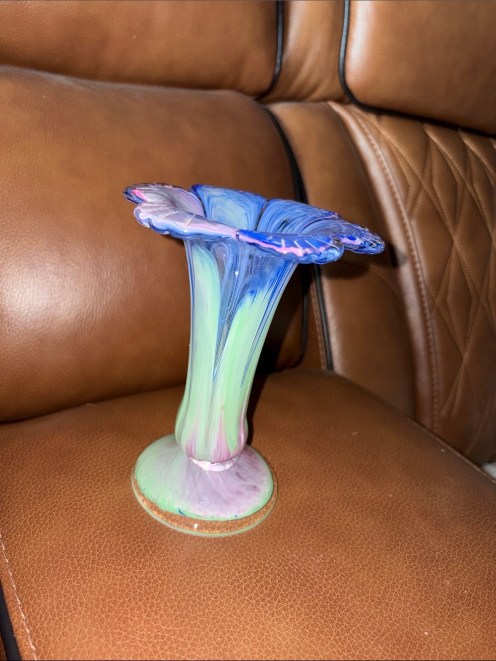 Vintage Murano Art Glass Vase in Blue, Green & Pink